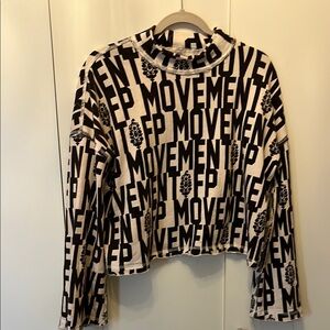 Free people logo Black and White Graphic Long Sleeve Top xs raw edge hem